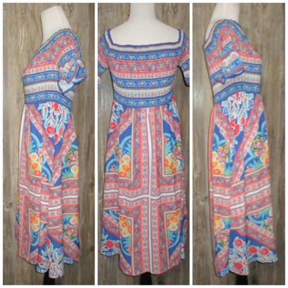 Flying Tomato Long Dress Size Small Floral Short Sleeves Multicolored Boho - Picture 3 of 11